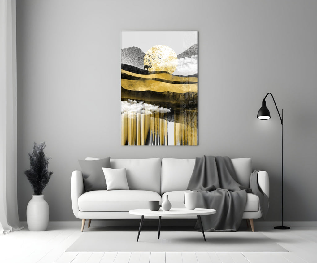 Golden Moon Mountain Landscape Glass Wall Art