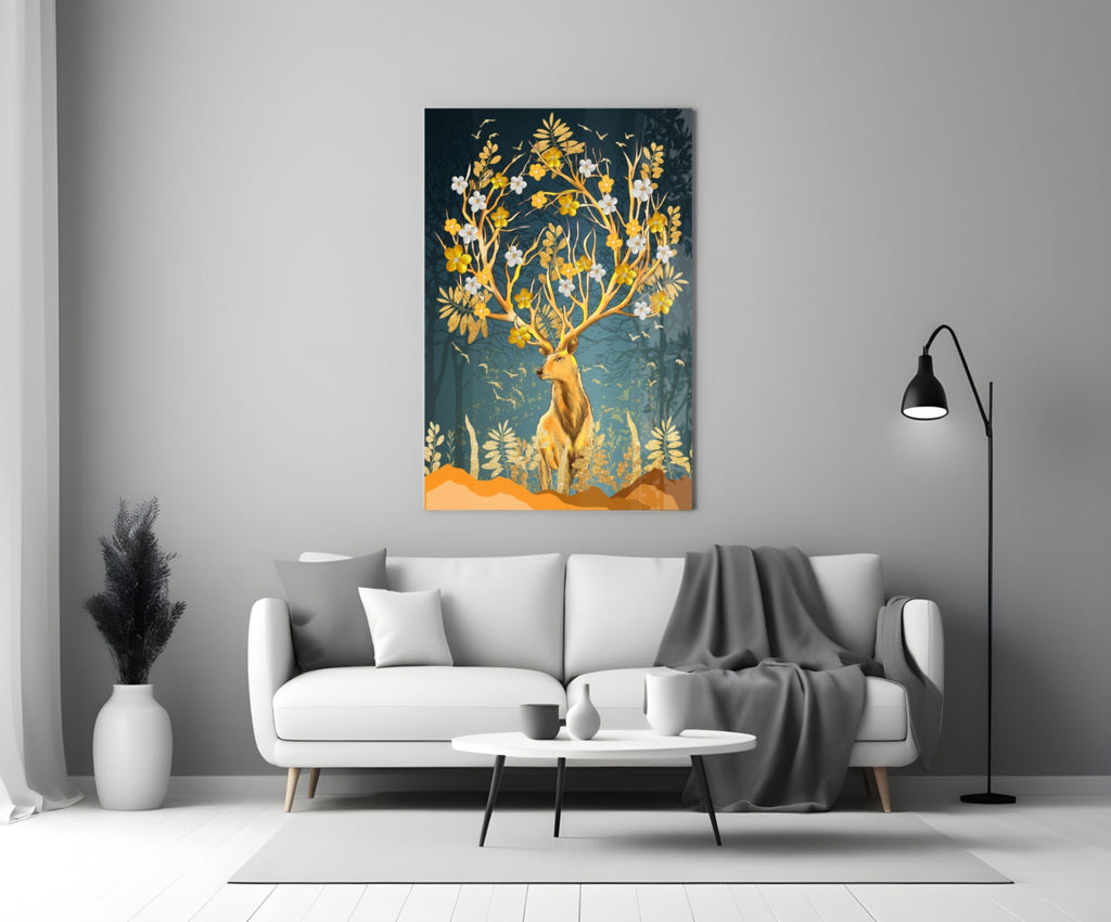 Golden Floral Antler Stag Glass Wall Art