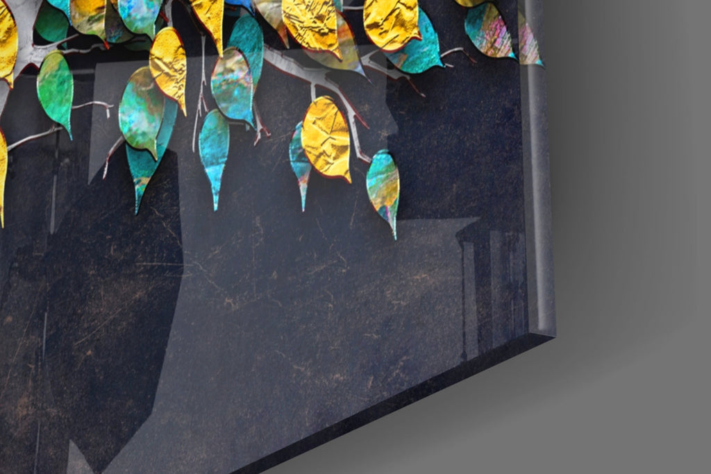 Teal And Gold Leaves White Trunk Tree of Life Glass Wall Art