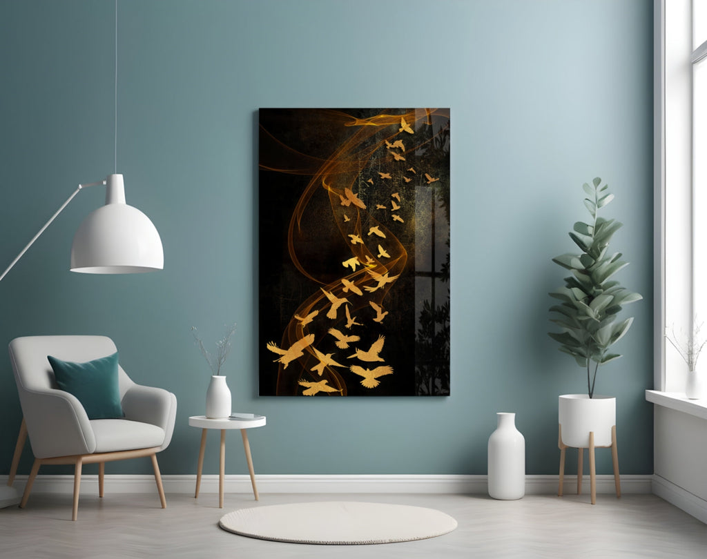 Golden Birds Flying Over Dark Ribbons Glass Wall Art