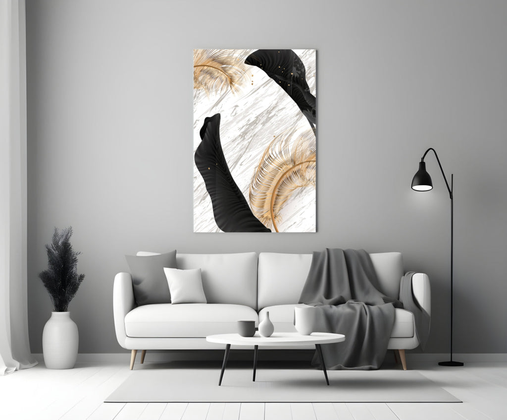 Gold Feather Black Leaf Marble Glass Wall Art