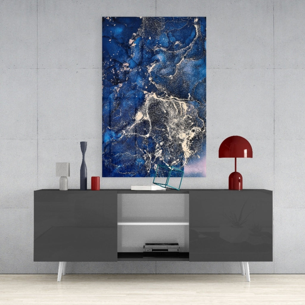 Navy Silver Ink Splash Glass Wall Art