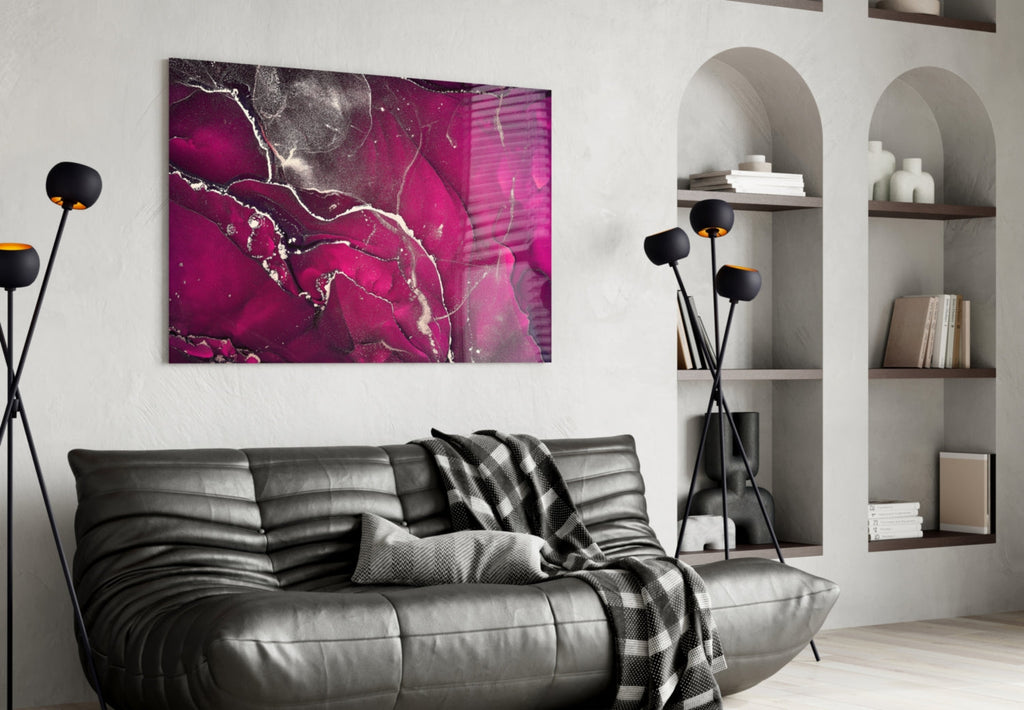 Fuchsia Silver Marble Ink Glass Wall Art