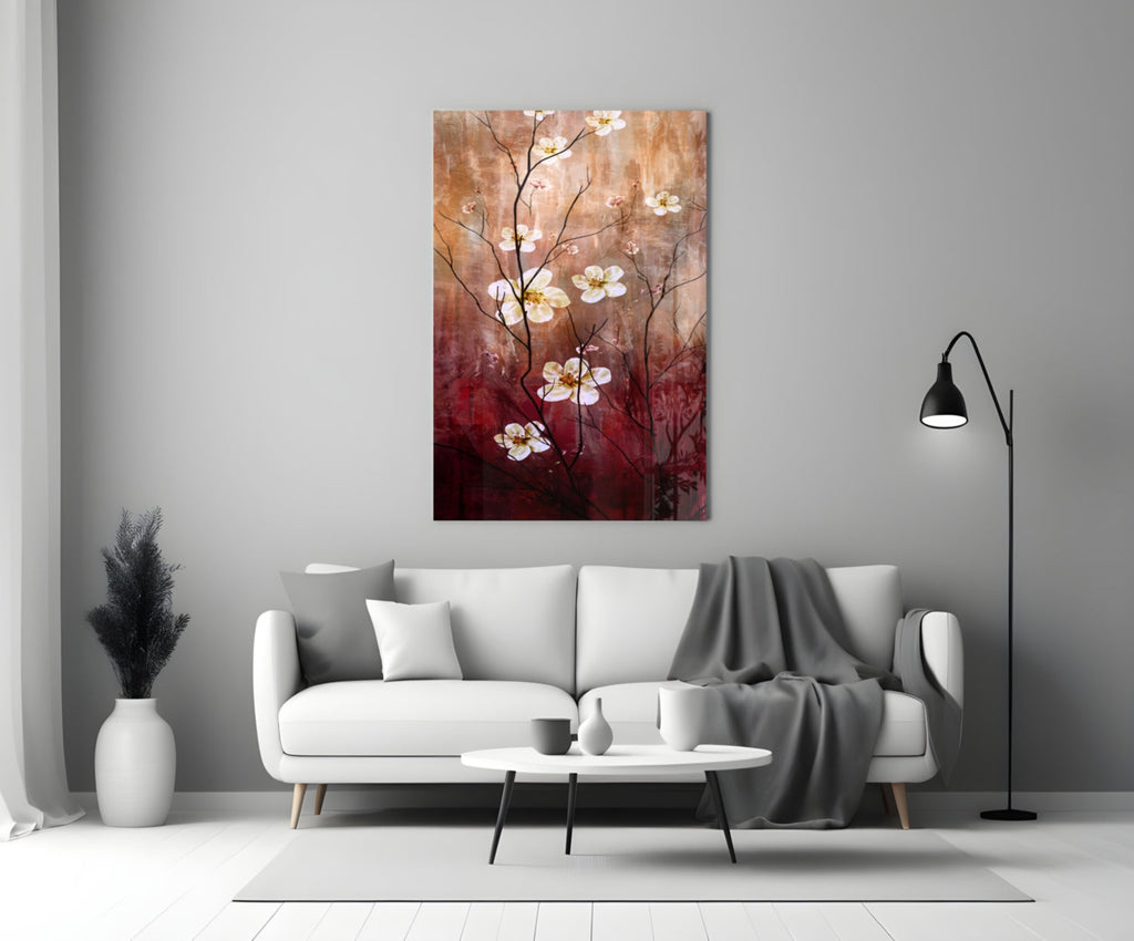 Crimson And Cream Blossom Branch Glass Wall Art