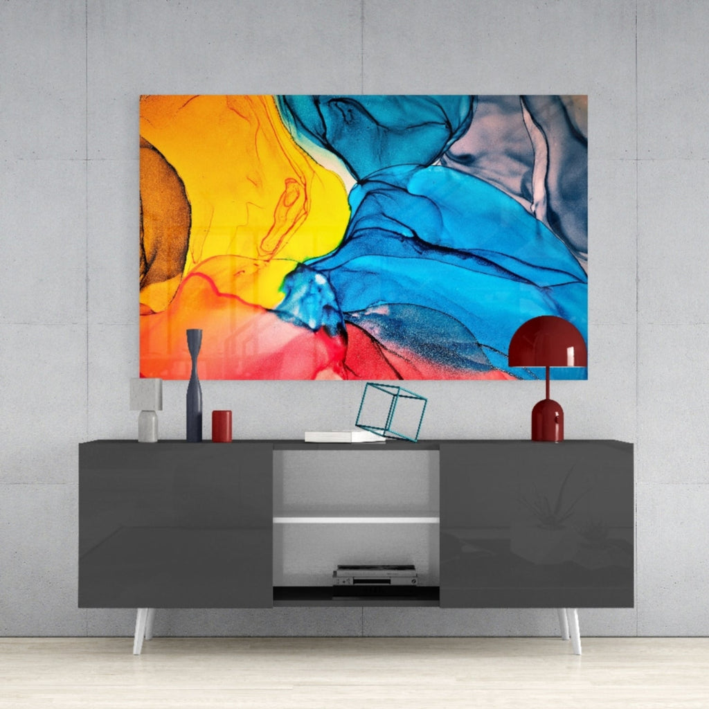 Blue and Orange Ink Flow Glass Wall Art