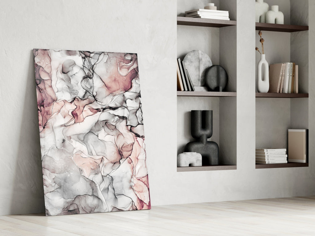 Blush Gray Ink Veins Glass Wall Art