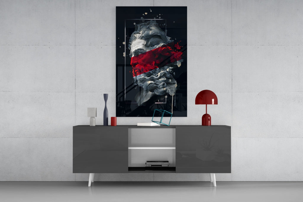Crimson Paint Stripe Poseidon Bust Glass Wall Art