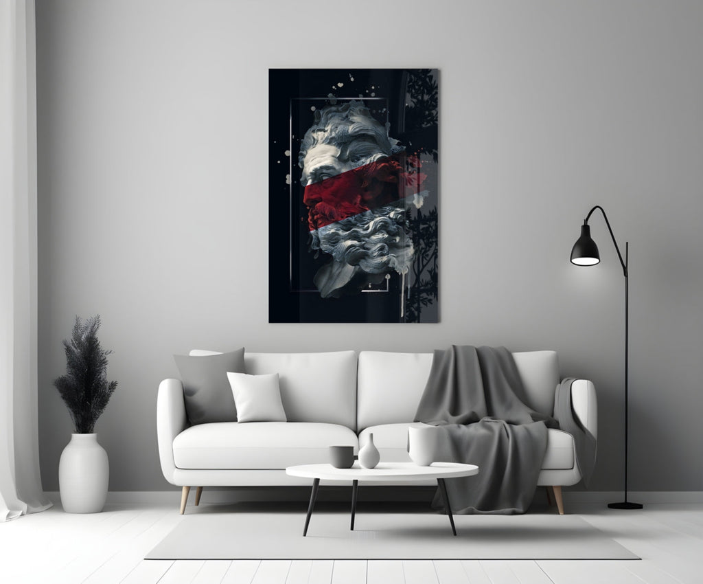 Crimson Paint Stripe Poseidon Bust Glass Wall Art