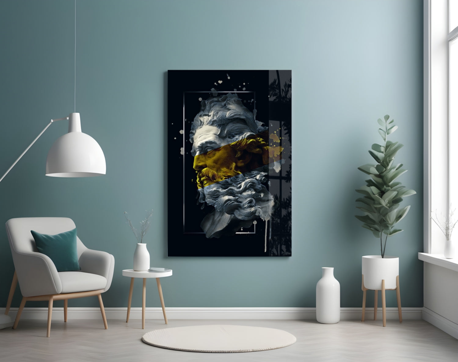Gold Paint Stripe Poseidon Bust Glass Wall Art