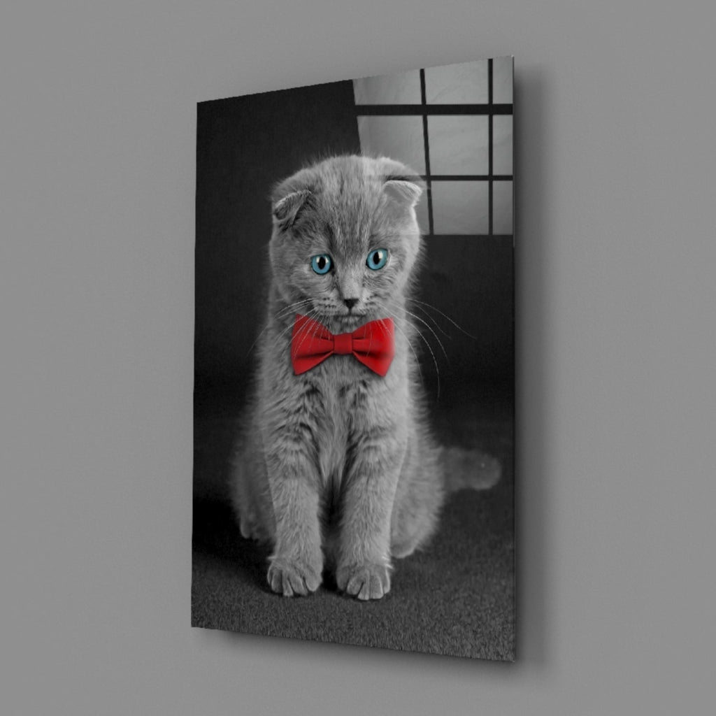 Gray Kitten Red Bow Tie Glass Wall Art