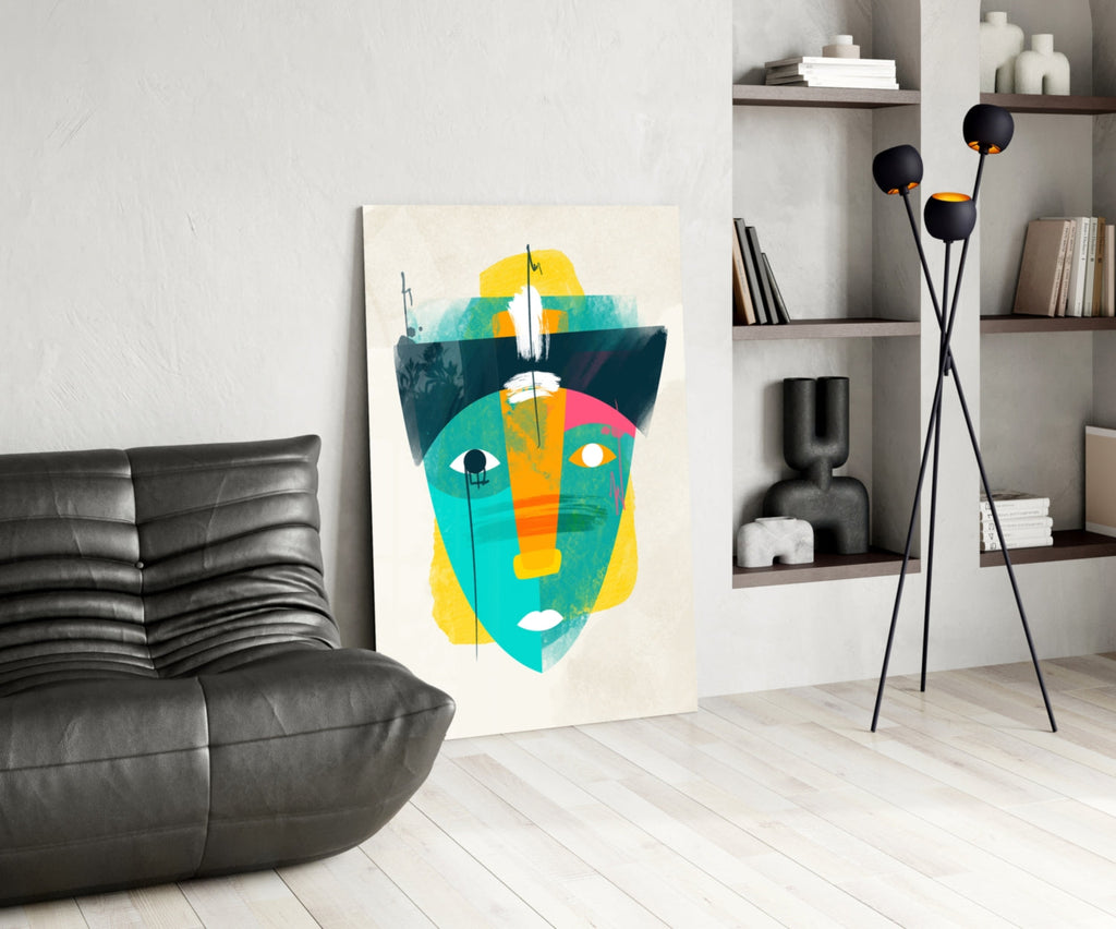 Tribal Mask Style Abstract Face Glass Wall Art