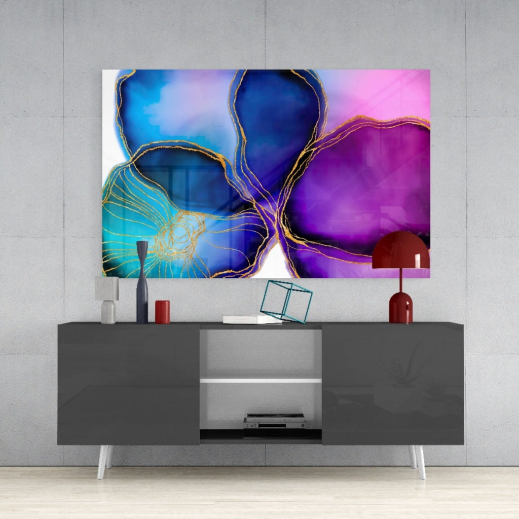 Purple Blue Gold Vein Marble Glass Wall Art