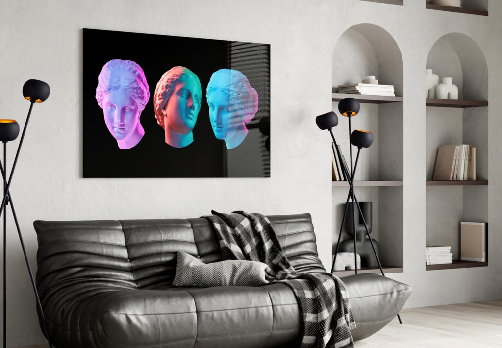 Neon Pastel Trio of Marble Busts Glass Wall Art