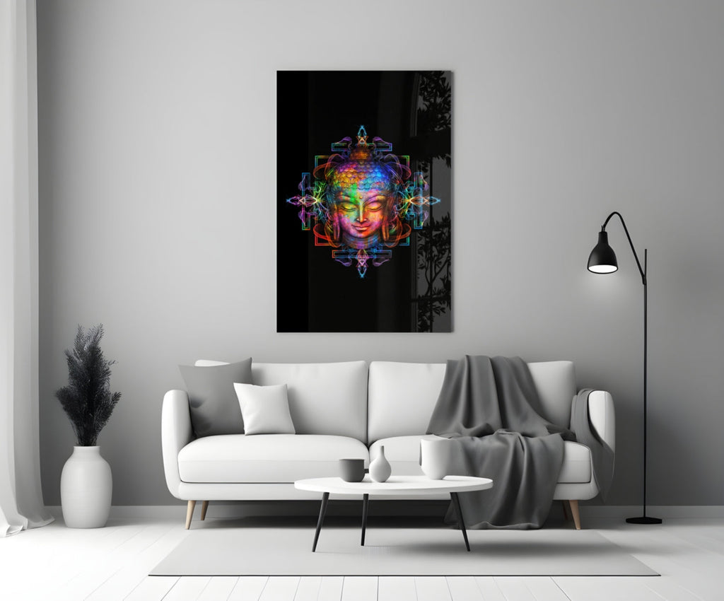 Neon Sacred Geometry Buddha Glass Wall Art