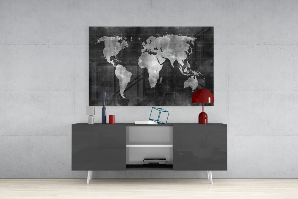 Misty Silver World Map Grid Glass Wall Art