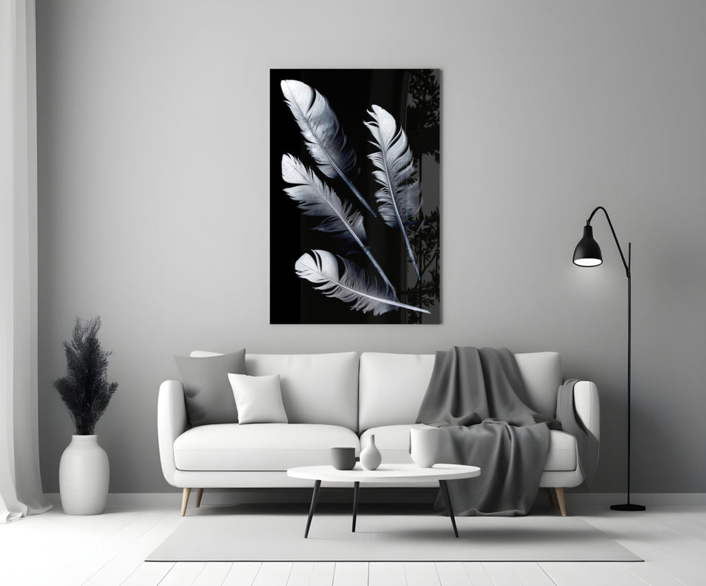 White Feathers on Black Glass Wall Art