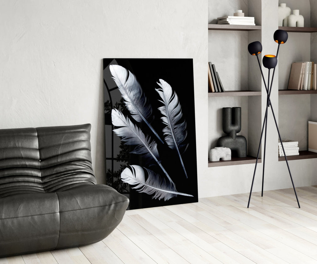 White Feathers on Black Glass Wall Art