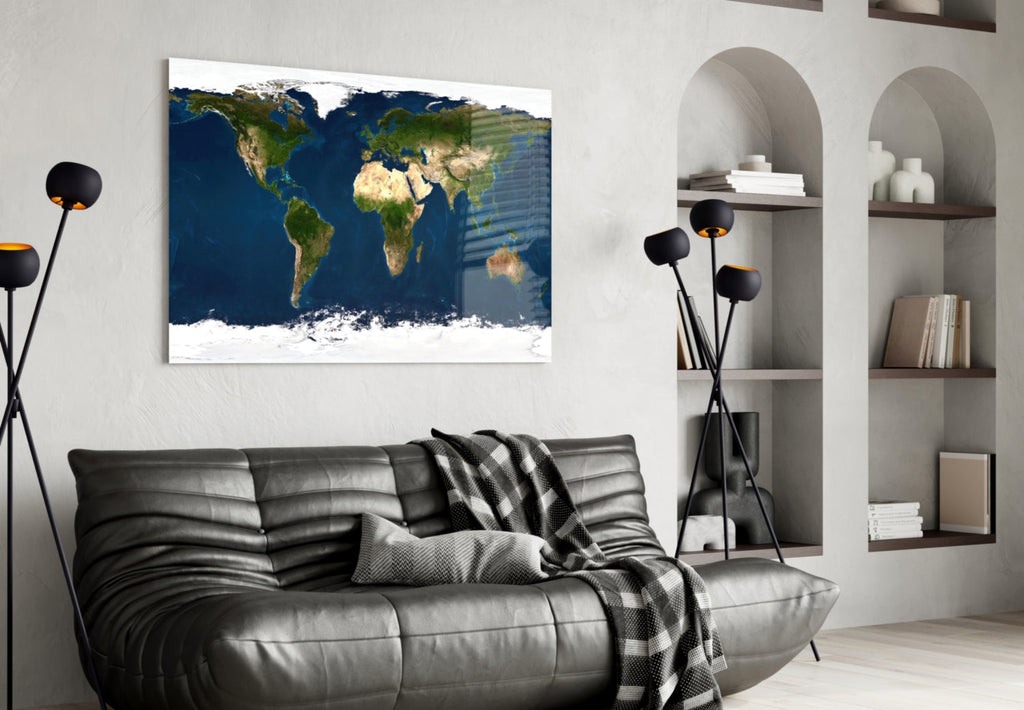 Satellite Earth World Map Glass Wall Art