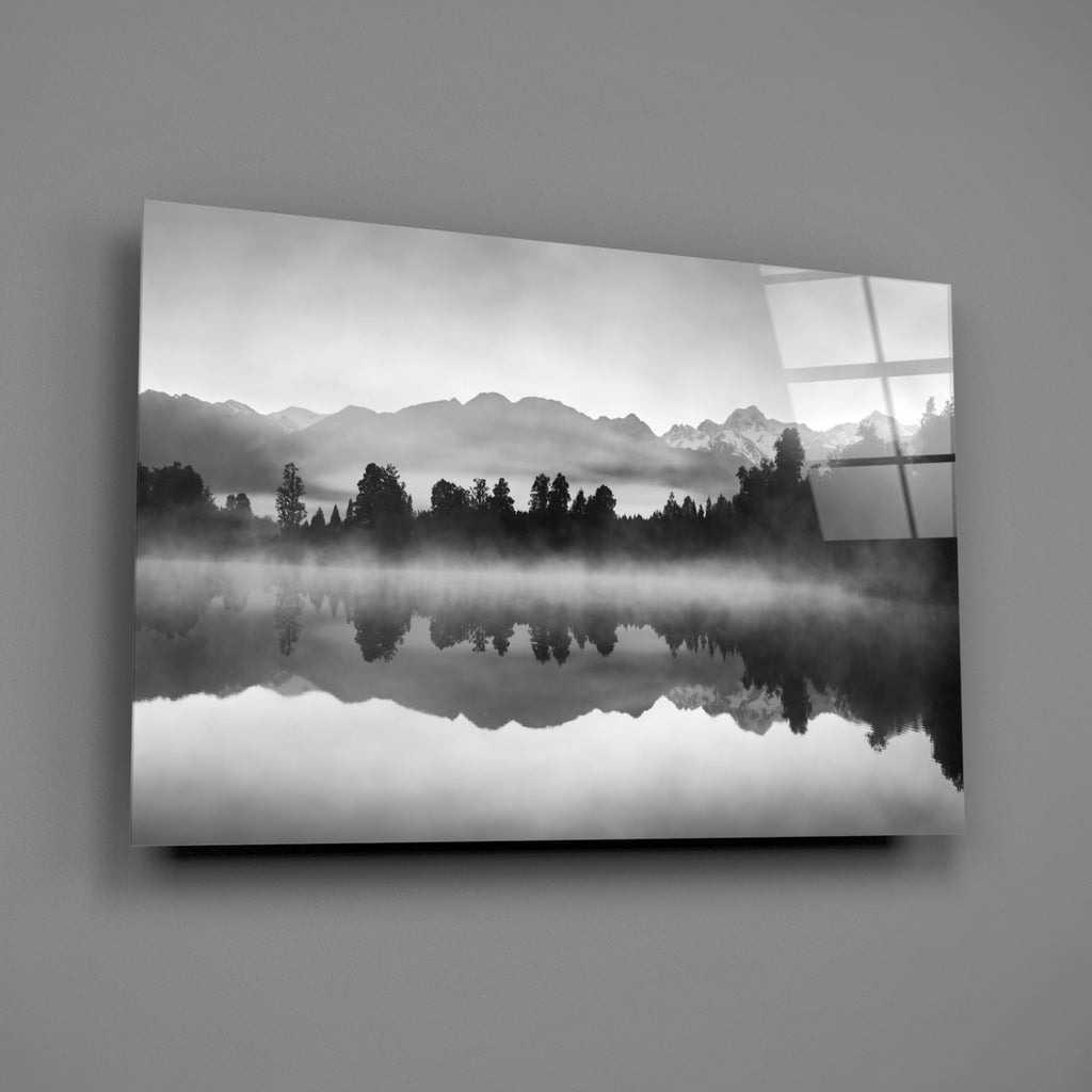 Misty Monochrome Lake Mirror Glass Wall Art