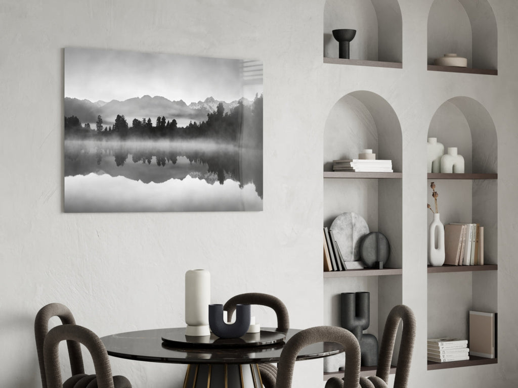 Misty Monochrome Lake Mirror Glass Wall Art