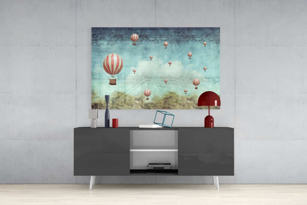 Vintage Sky Full of Pink Balloons Glass Wall Art