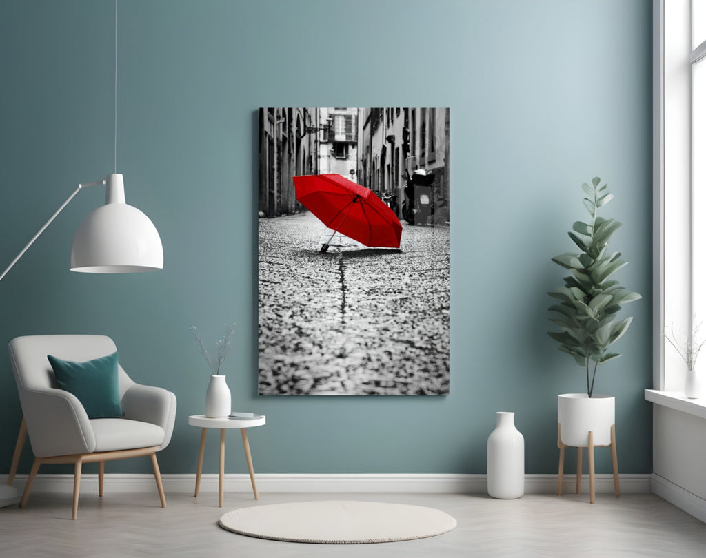 Lone Red Umbrella Cobblestone Street Glass Wall Art