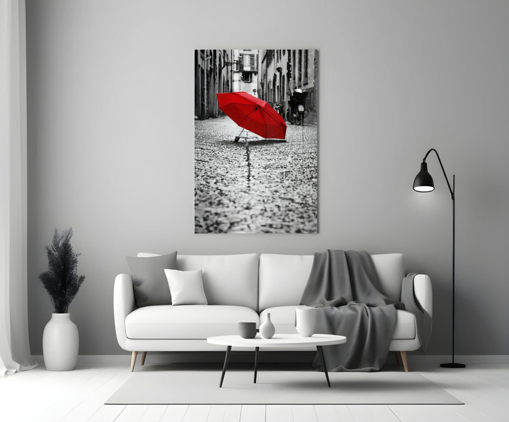 Lone Red Umbrella Cobblestone Street Glass Wall Art