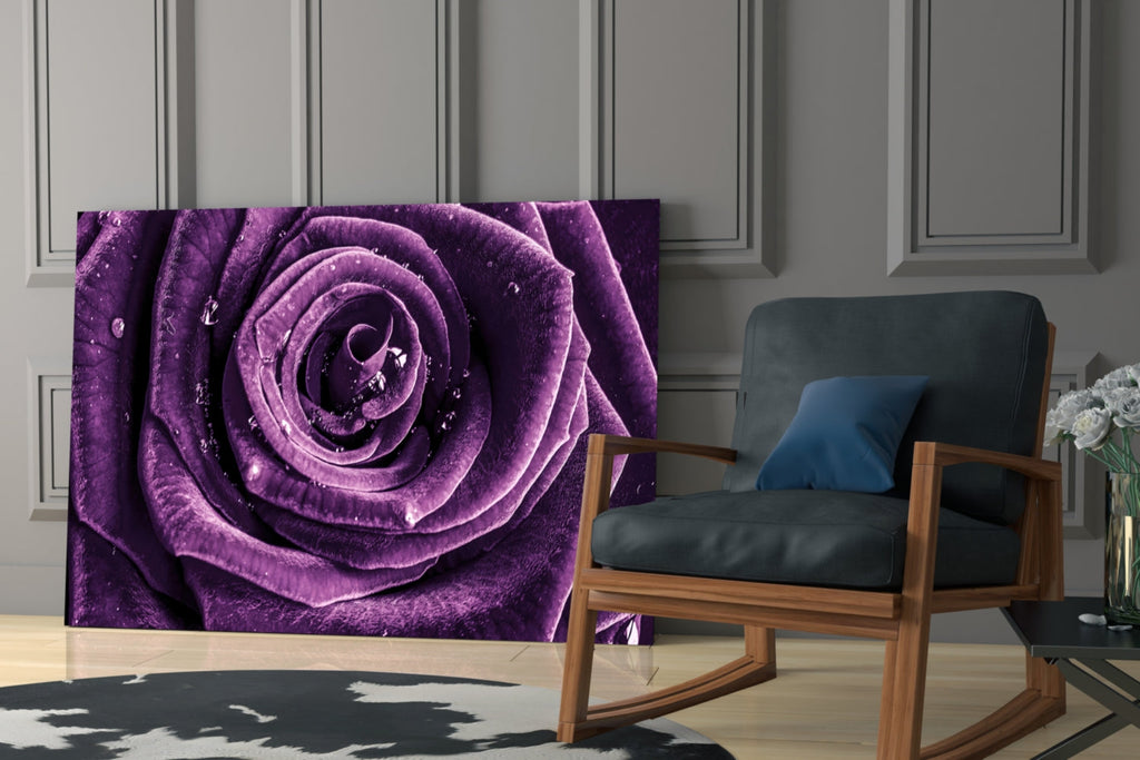 Dewdrop Violet Rose Spiral Bloom Glass Wall Art