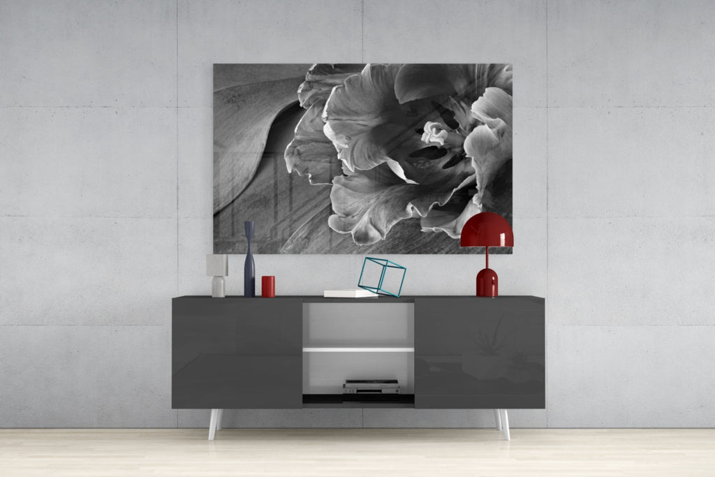 Monochrome Parrot Tulip Glass Wall Art
