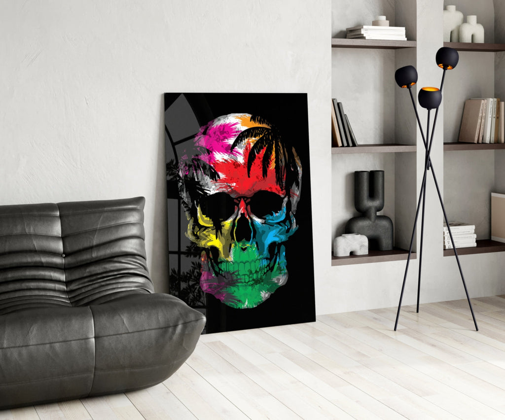 Rainbow Feather Paint Skull Glass Wall Art