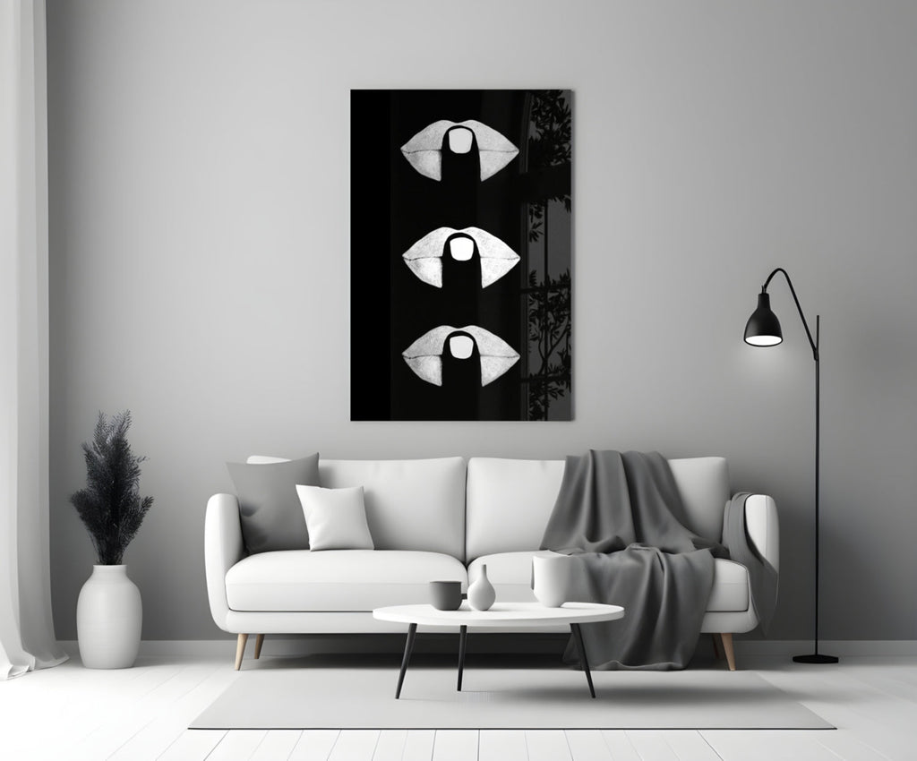 White Lips Trio on Black Glass Wall Art