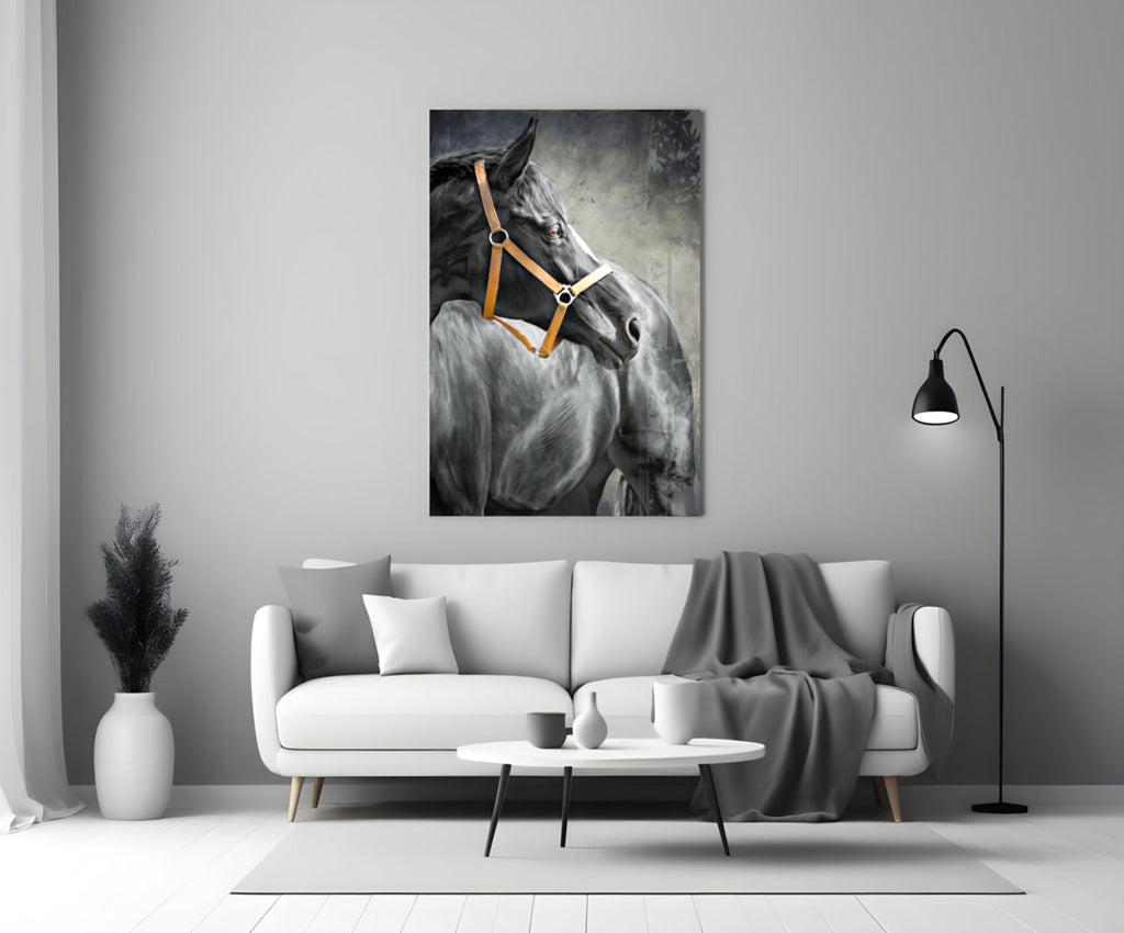 Black Horse Leather Halter Glass Wall Art