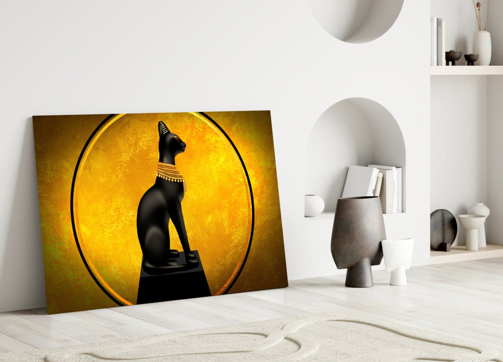 Egyptian Cat Statue Gold Moon Glass Wall Art