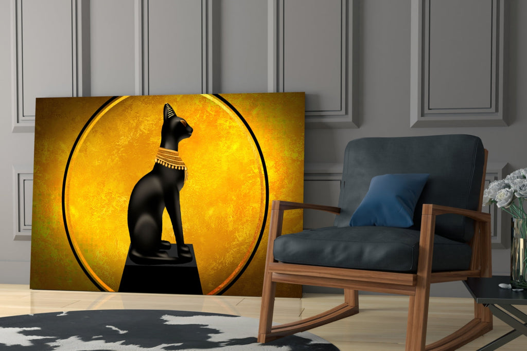 Egyptian Cat Statue Gold Moon Glass Wall Art