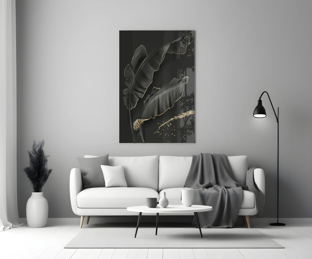 Golden Outline Black Leaves Glass Wall Art
