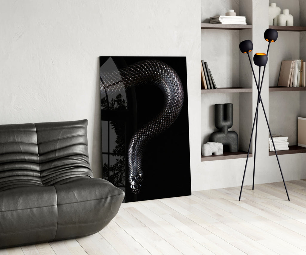 Silver Scaled Snake Descending Dark Glass Wall Art