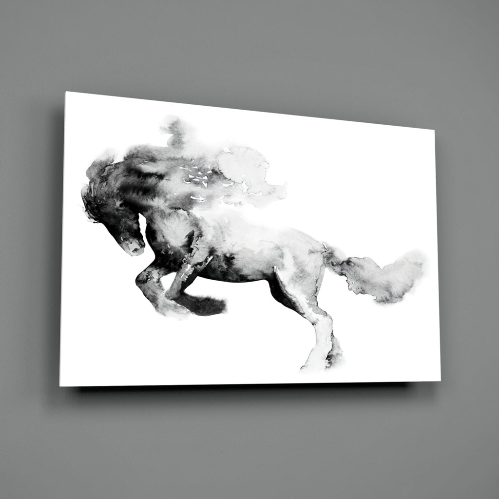 Ink Smoke Galloping Horse Glass Wall Art