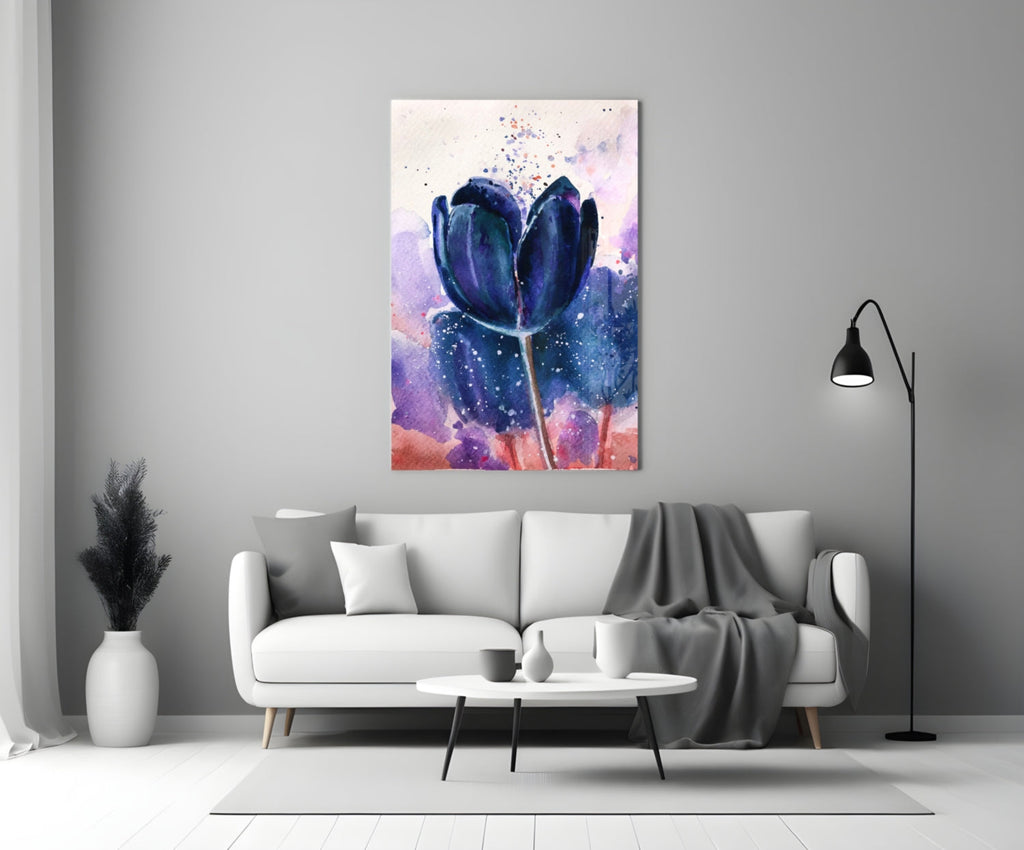 Navy Indigo Tulip on Lilac Wash Glass Wall Art