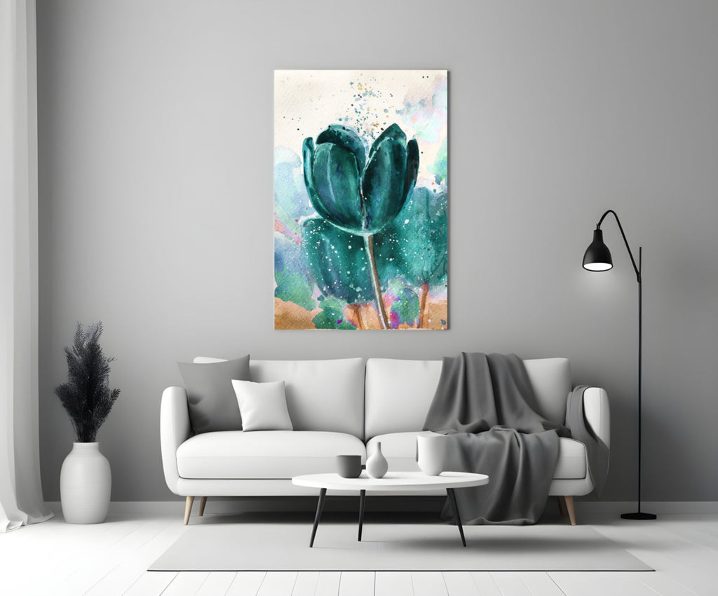 Teal Watercolor Tulip With Paint Splatter Glass Wall Art