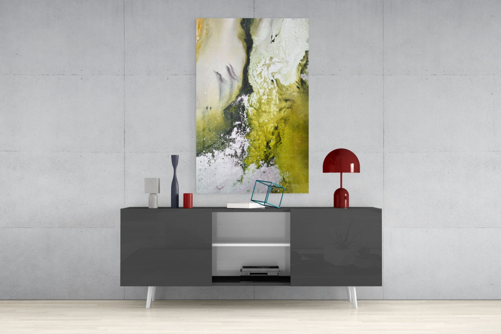 Chartreuse Lavender Ink Flow Glass Wall Art