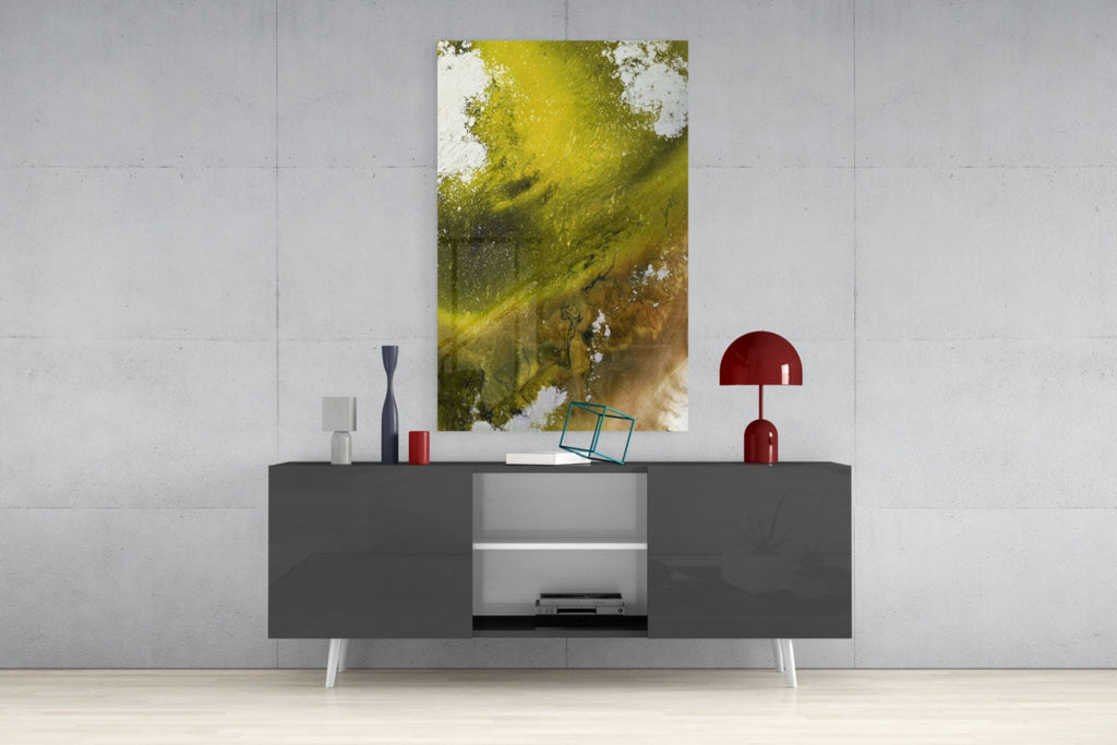 Olive Green Gold Fluid Ink Glass Wall Art