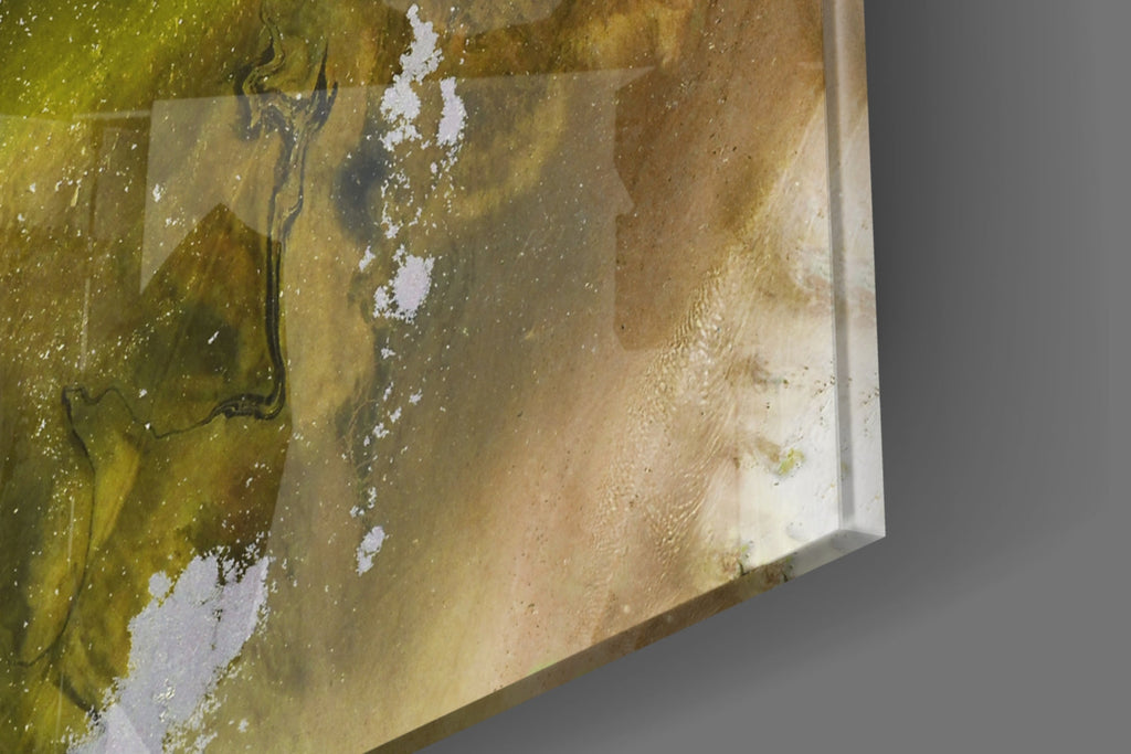 Olive Green Gold Fluid Ink Glass Wall Art