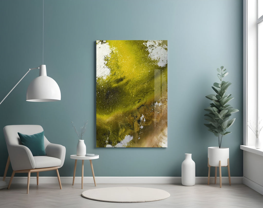 Olive Green Gold Fluid Ink Glass Wall Art