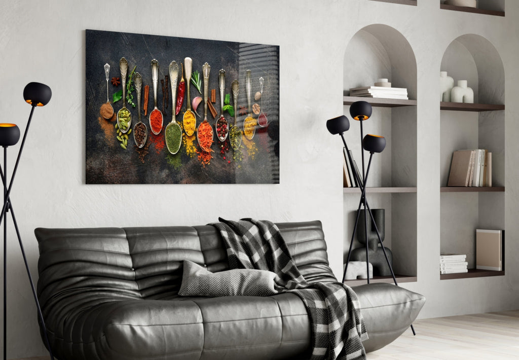 Silver Spoons Row Of Colorful Spices Glass Wall Art