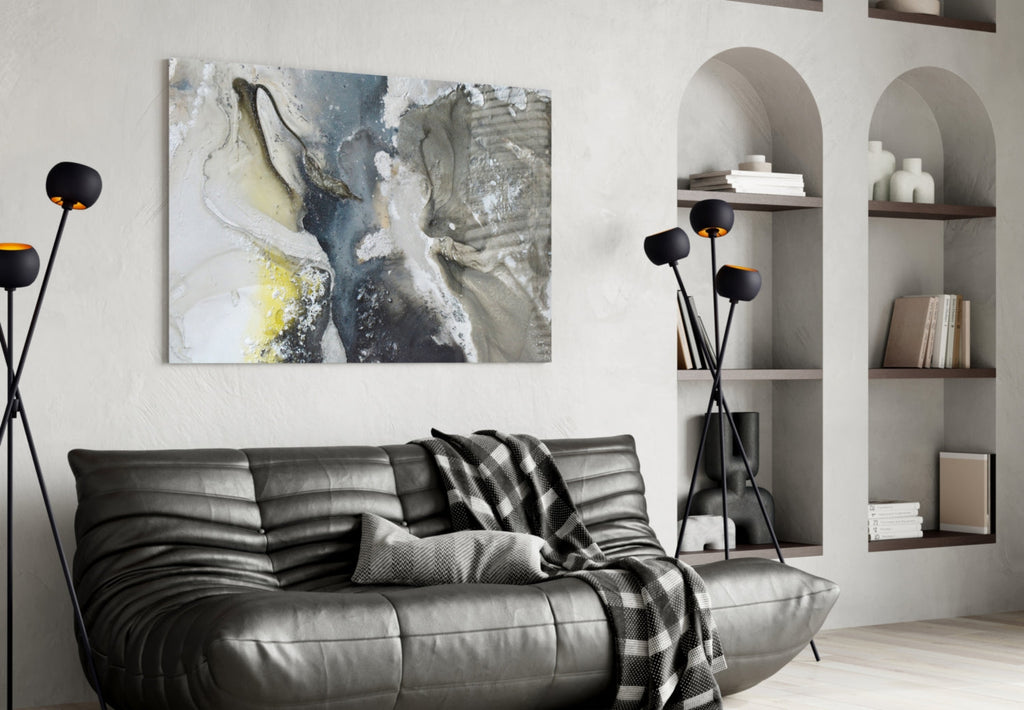 Charcoal And Yellow Ink Swirl Marble Glass Wall Art