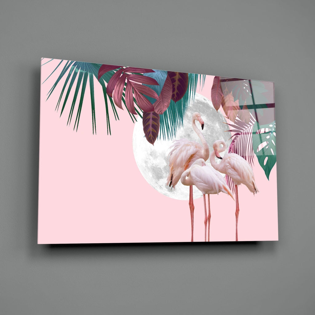 Flamingo Flock Moon Tropical Glass Wall Art