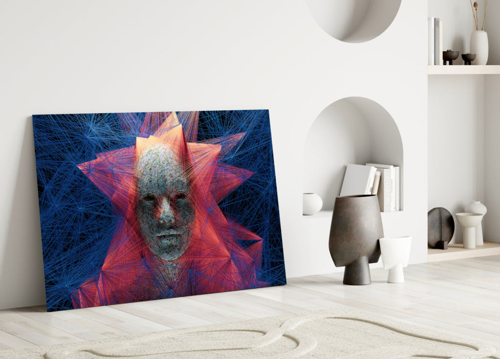 Red Blue Polygon Starburst Face Glass Wall Art