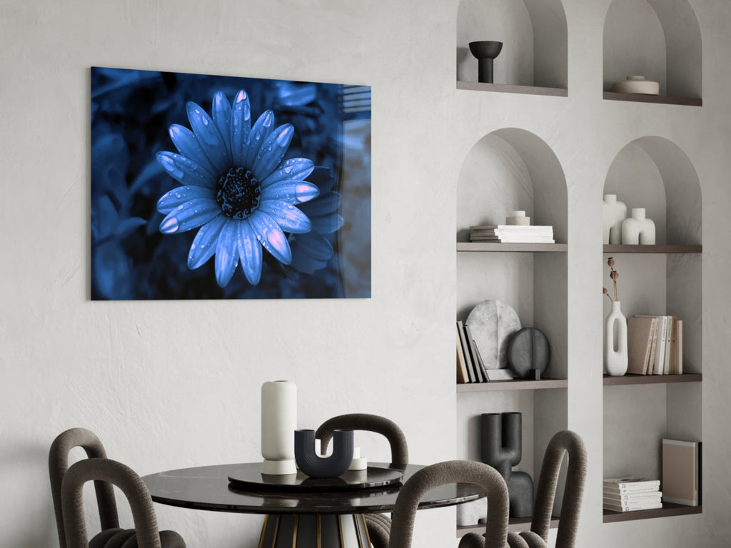 Blue Dewy Daisy Bloom Glass Wall Art