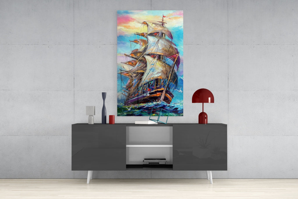 Tall Ship Under Pastel Sky Painting Glass Wall Art