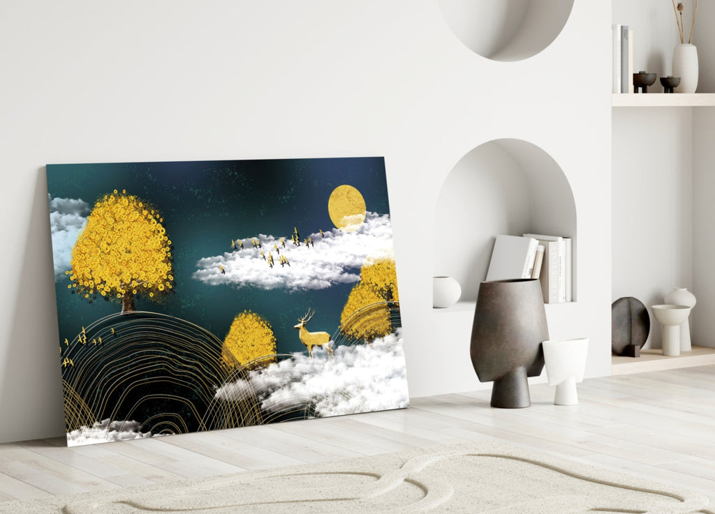 Golden Trees Deer And Clouds Glass Wall Art